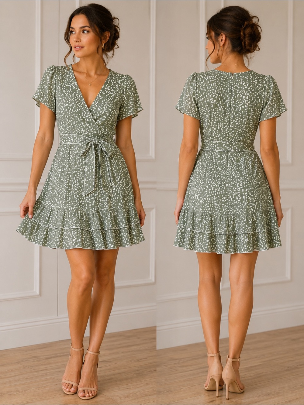 Emerald Sundae Sage Green Ditsy Wrap Mini Dress